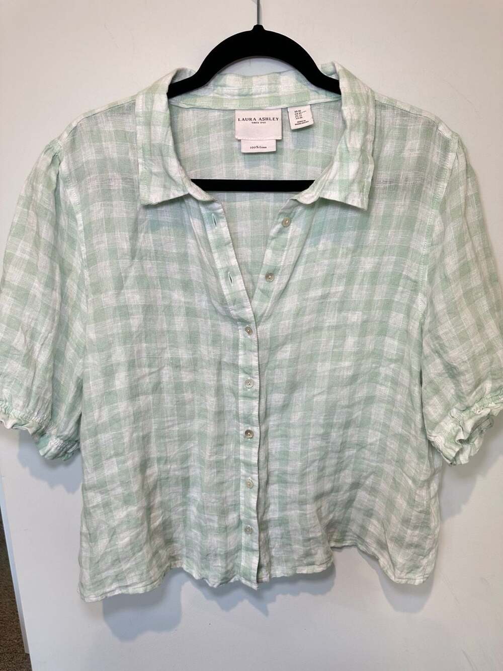 100% Linen Laura Ashley Mint Green Plaid Short Sleeve Puff Sleeve Button Up Shir